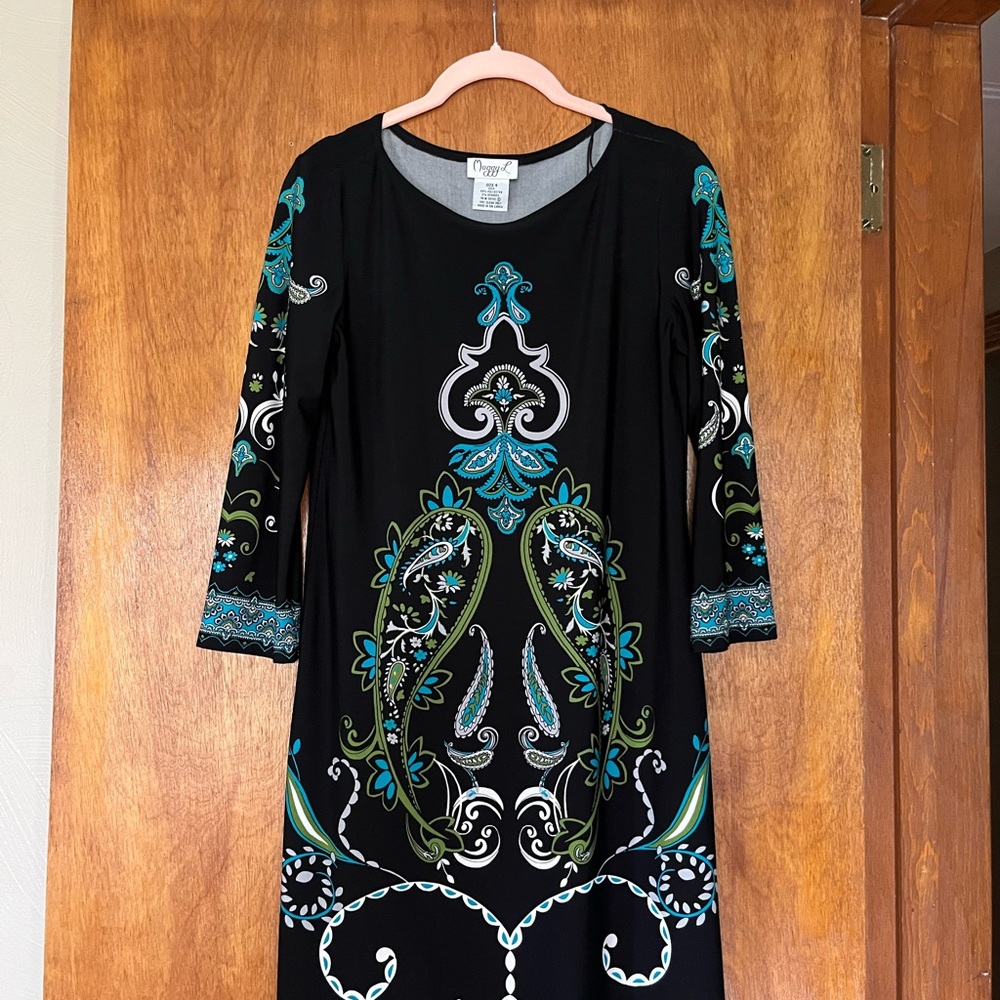 Maggy London Black Dress with Green and Blue mosaic pattern